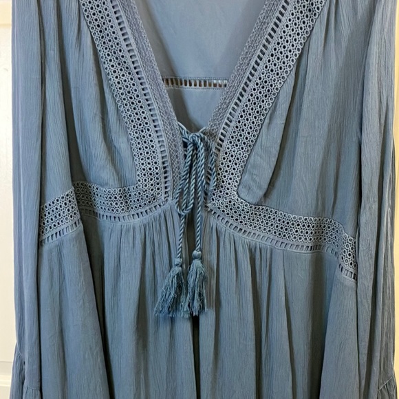Torrid Slate Blue Lace Up Boho Slit Bell Sleeve Gauze Dress Lined Size 4X - Picture 5 of 8